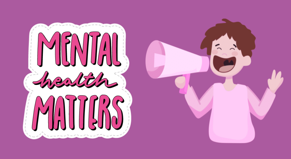 A boy standing on the right side with a megaphone in her hands and "Mental Health Matters" words in white on a pink background to the left of the photo.