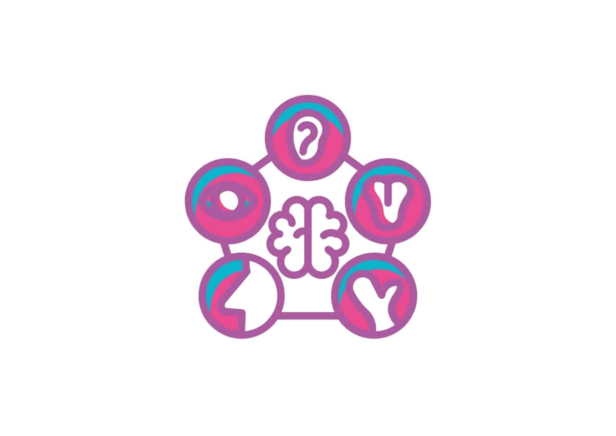 The image is of a colourful illustration of a small brain in the middle with circles around this, each with one in illustration on the insides all to represent one of the 5 main human senses.