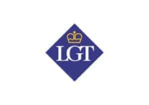 The logo has a square shape with a small crown shape sitting in the top then the letters 'LGT', underneath this all within the square.
