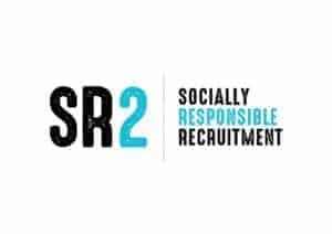 The image is of a typographic logo, with the left hand reading in large letters, 'SR2', with a line in the middle then to the right in hierarchy, 'Socially Responsible Recruitment.'