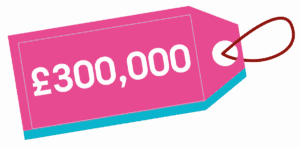 The image is of a brightly coloured price tag with string. The price reads '£330,000.'