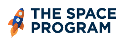 This logo reads, 'The Space Programe,' in bold dark letters with a colourful small rocket to the left of this.
