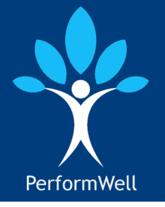 The image is of a logo with a stickman like figure in the midle with its arms up and leaf-like shapes coming out of the top. The words underneath read, 'PerformWell.'