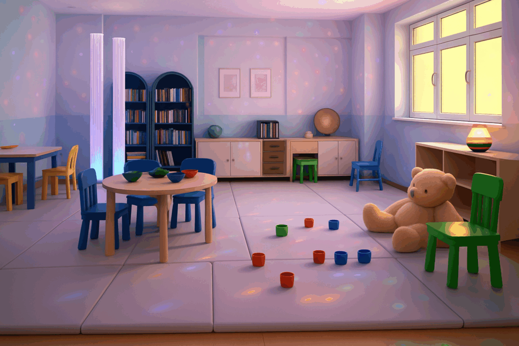 This image is AI generated of a dimly lit room, with sensory lights, toys, chairs and tables.