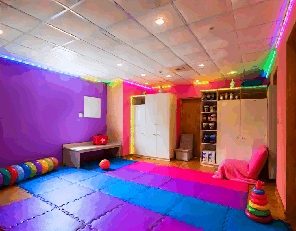 This AI generate image is of a sensory lit room, with colourful walls and padded floors, with cabinets and shelves, and a first aid kit.
