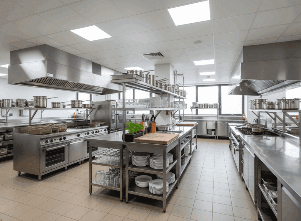 This image is of an AI generated industrial kitchen.