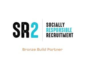 The image is of a typographic logo, with the left hand reading in large letters, 'SR2', with a line in the middle then to the right in hierarchy, 'Socially Responsible Recruitment.' With the words, 'Bronze Build Partner,' underneath.