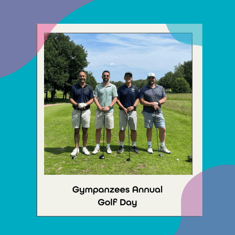 The image is on a colourful background, with a polaroid shaped frame, with four men stood smiling holding onto golf clubs, with a golf course in the background, and with the text, 'Gympanzees Annual Golf Day,' underneath.