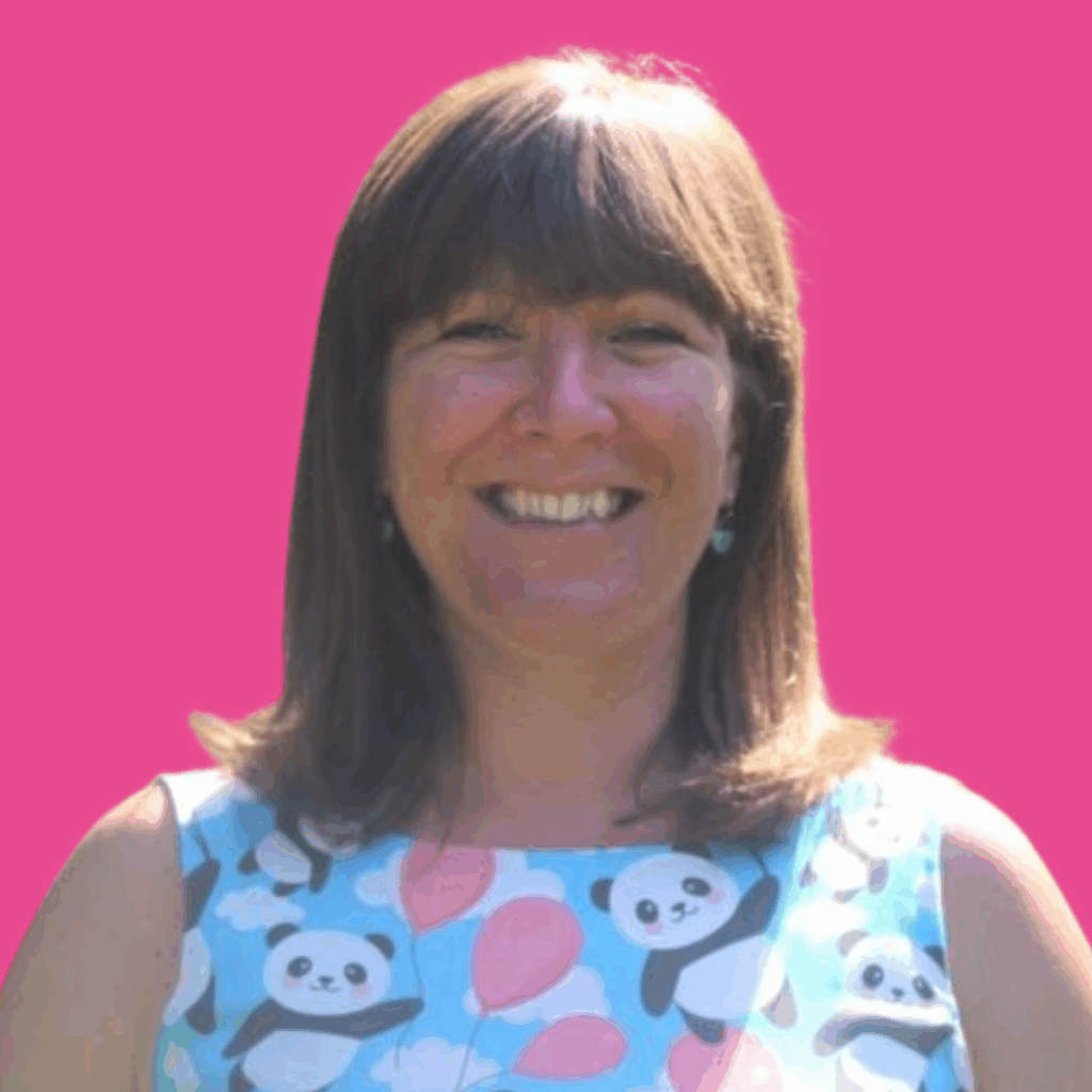 The image is of a woman with light, shoulder length hair, in a bright patterned top, from the shoulders up smiling into the camera, on a brightly coloured background.
