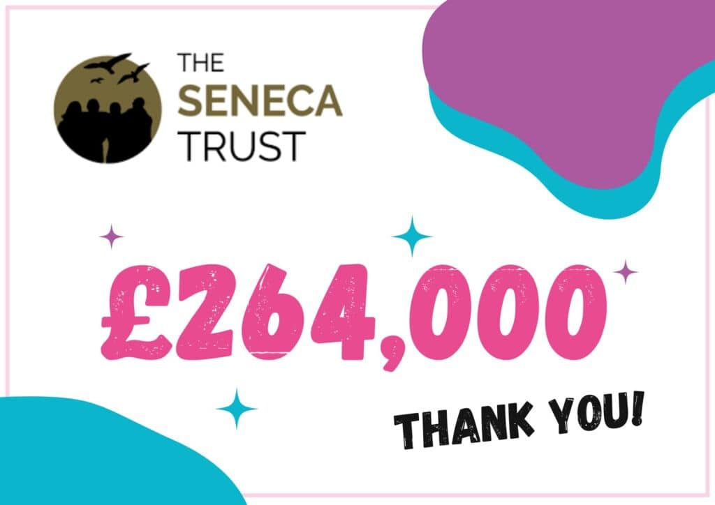 The image is of colourful shapes and sparkles, with a circular logo at the top left that reads, ' The Seneca Trust,' with larger characters of, '£264,000,' and, 'Thank You!,' underneath.