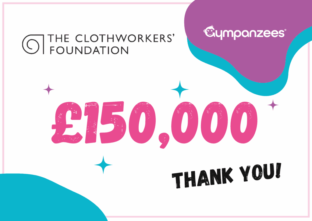 The image is of colourful shapes and sparkles, with a logo at the top left that reads, ' The Clothworkers' foundation,' and to the right Gympanzees logo, with larger characters of, '£150,000,' and, 'Thank You!,' underneath.