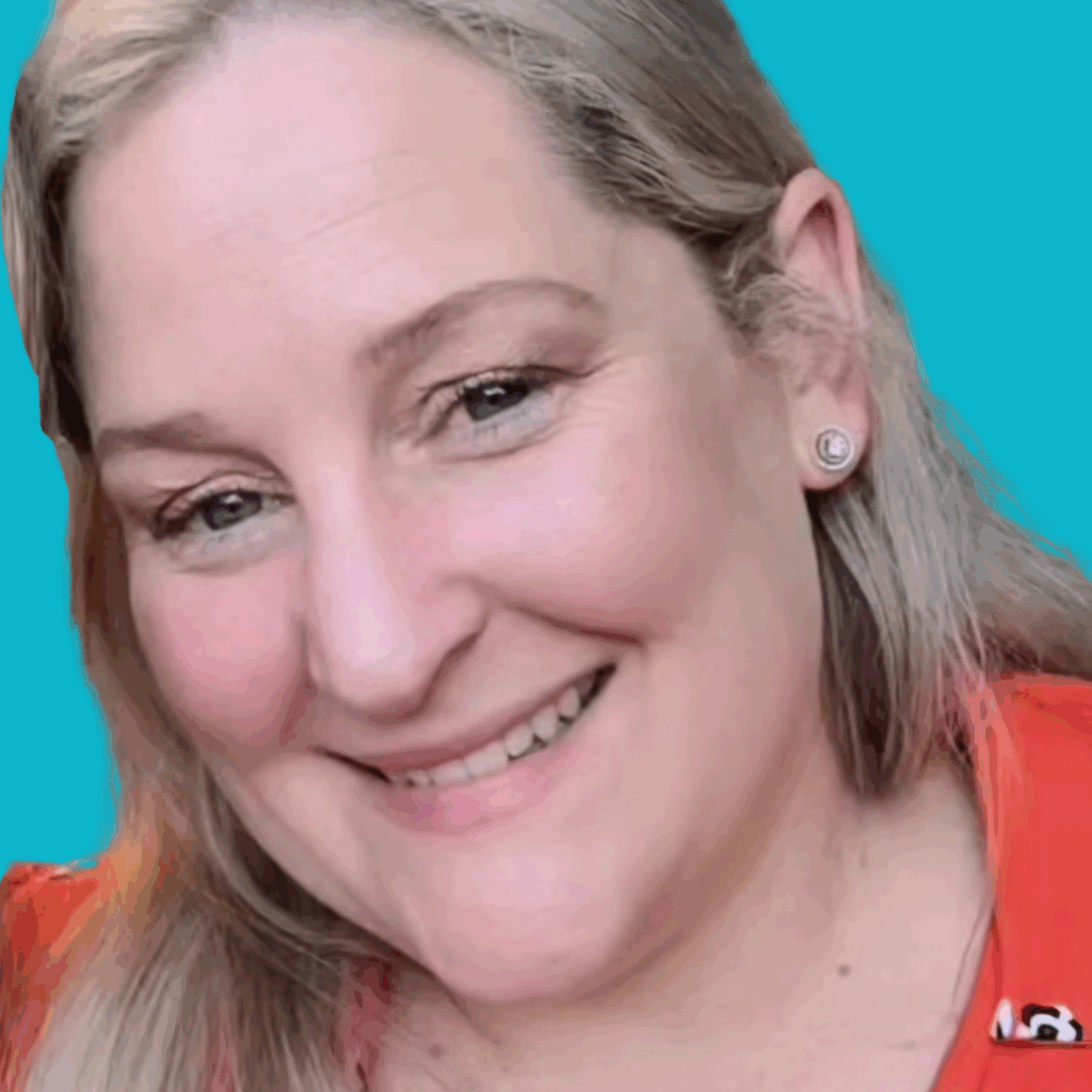The image is of a woman with light, long hair, from the shoulders up, in a brightly coloured top smiling into the camera on a brightly coloured background.