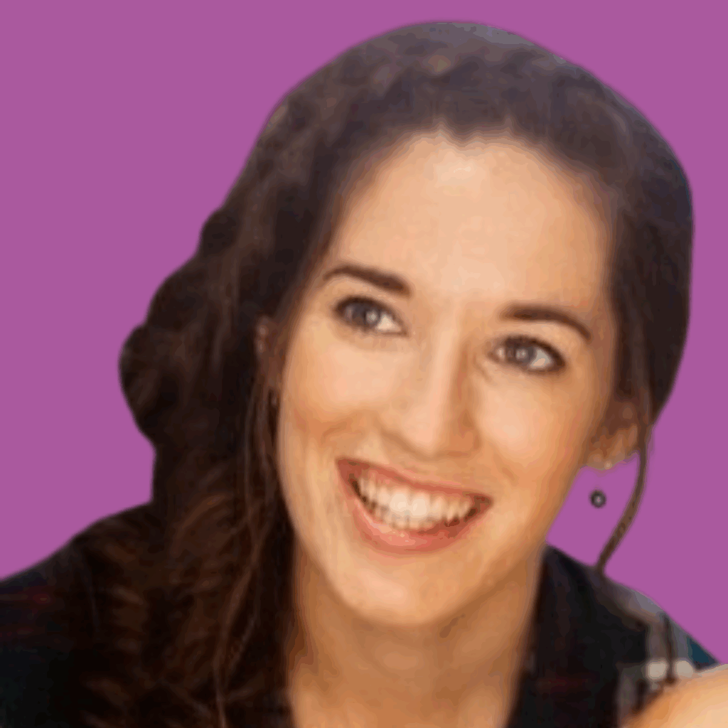 The image is of a woman with her hair plaited at the front and pulled to one side, in a dark top, from the shoulders up smiling into the camera, on a brightly coloured background.