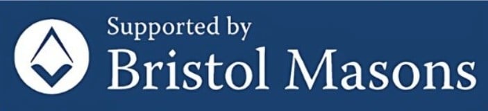 This logo is a rectangle with shapes in a circle on the words,' Supported By, Bristol Masons.'