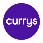 This logo is of a dark circle with the word currys written inside it.