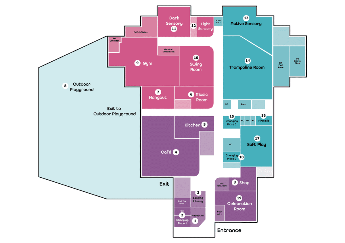 The image is of a large colour blueprint of the future Gympanzees centre and where all our future spaces will be in the centre with a numbered key on the rooms.