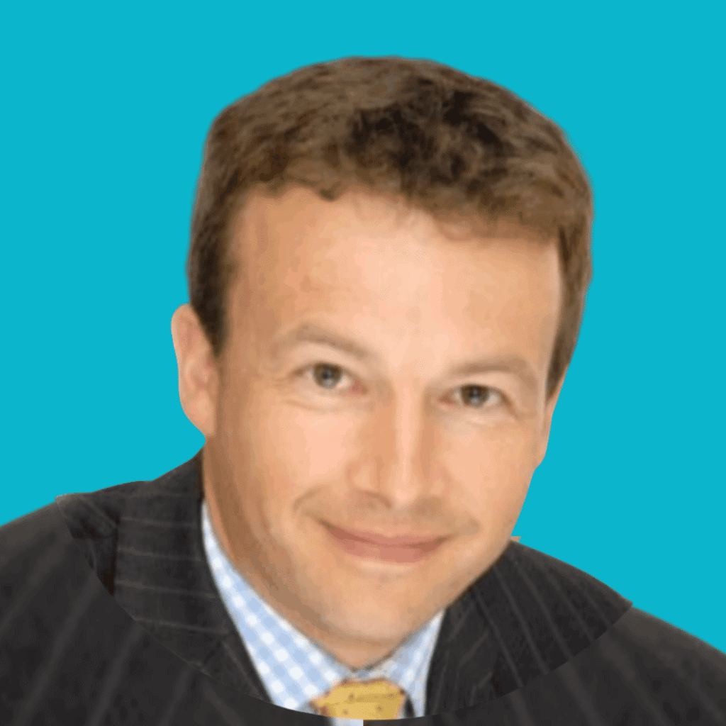 The image is of a man with short hair, from the shoulders up in a shirt and tie, on a bright background.