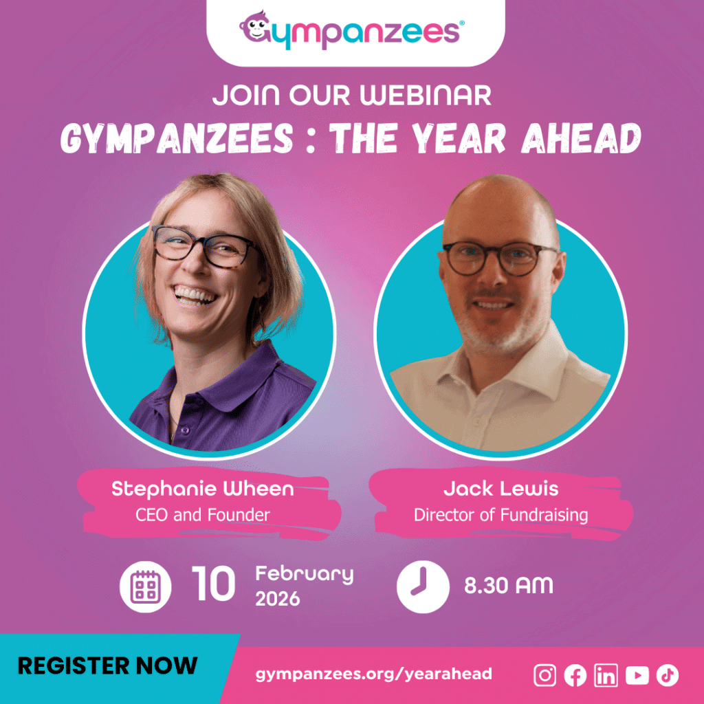 Promotional graphic for a Gympanzees webinar titled “Gympanzees The Year Ahead” featuring photos of Stephanie Wheen, CEO and Founder, and Jack Lewis, Director of Fundraising, with the date 10 February 2026, time 8.30 am, and a register now link.