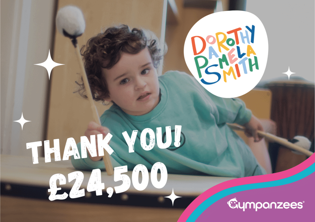 A young child with curly hair plays a percussion instrument, holding soft mallets while leaning over a drum. Overlaid text reads “Thank You! £24,500” alongside the colourful Dorothy Pamela Smith logo. The Gympanzees logo appears in the bottom corner.
