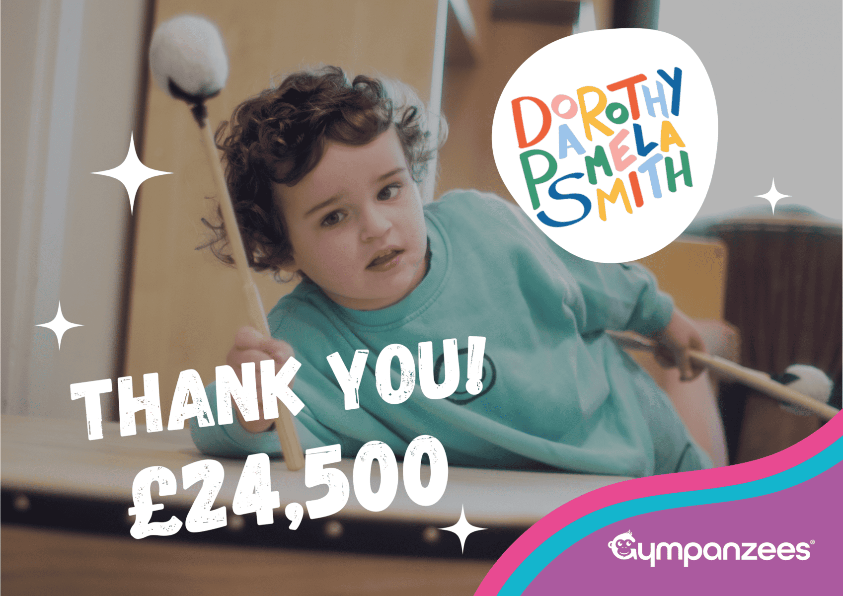 A young child with curly hair plays a percussion instrument, holding soft mallets while leaning over a drum. Overlaid text reads “Thank You! £24,500” alongside the colourful Dorothy Pamela Smith logo. The Gympanzees logo appears in the bottom corner.