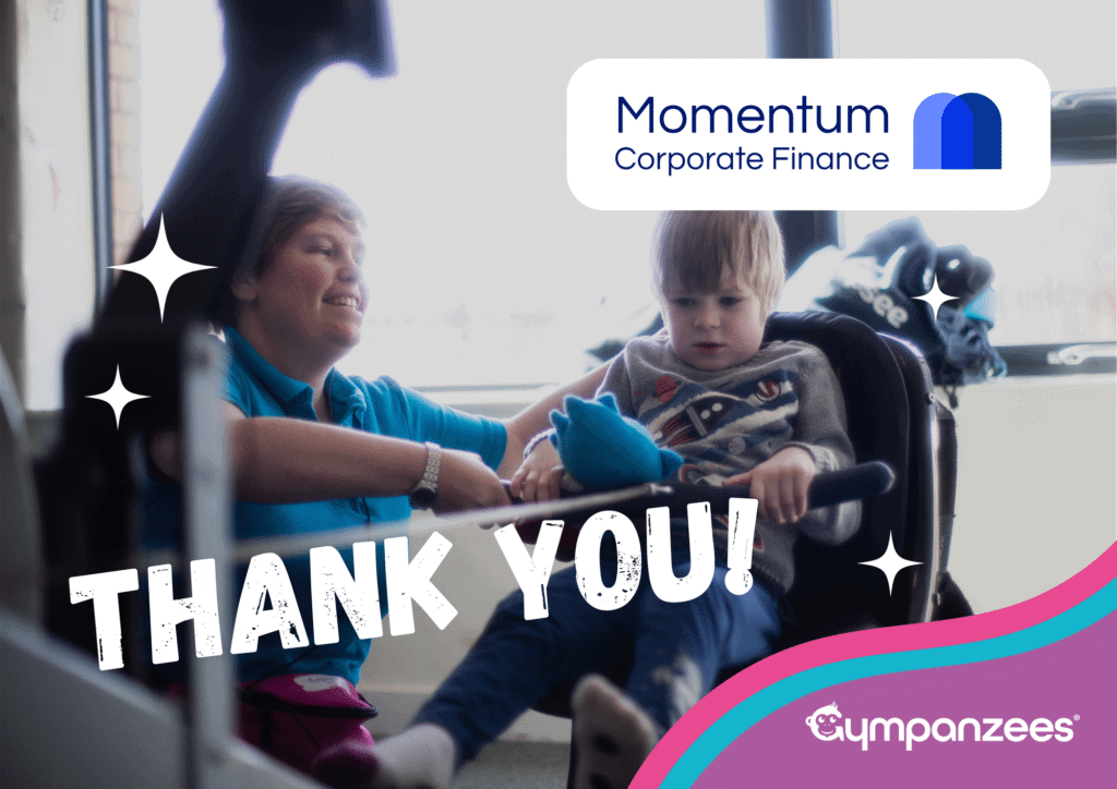 A woman and a young child are seated on public transportation, with the woman smiling at the child. The image includes a logo for "Momentum Corporate Finance" in the top right corner and a "Thank You!" message in the bottom left. The background shows a blurred view of the outside world through the bus window. The image also features a colorful gradient overlay in the bottom right corner with the logo "Gympanzees" and a small monkey icon.