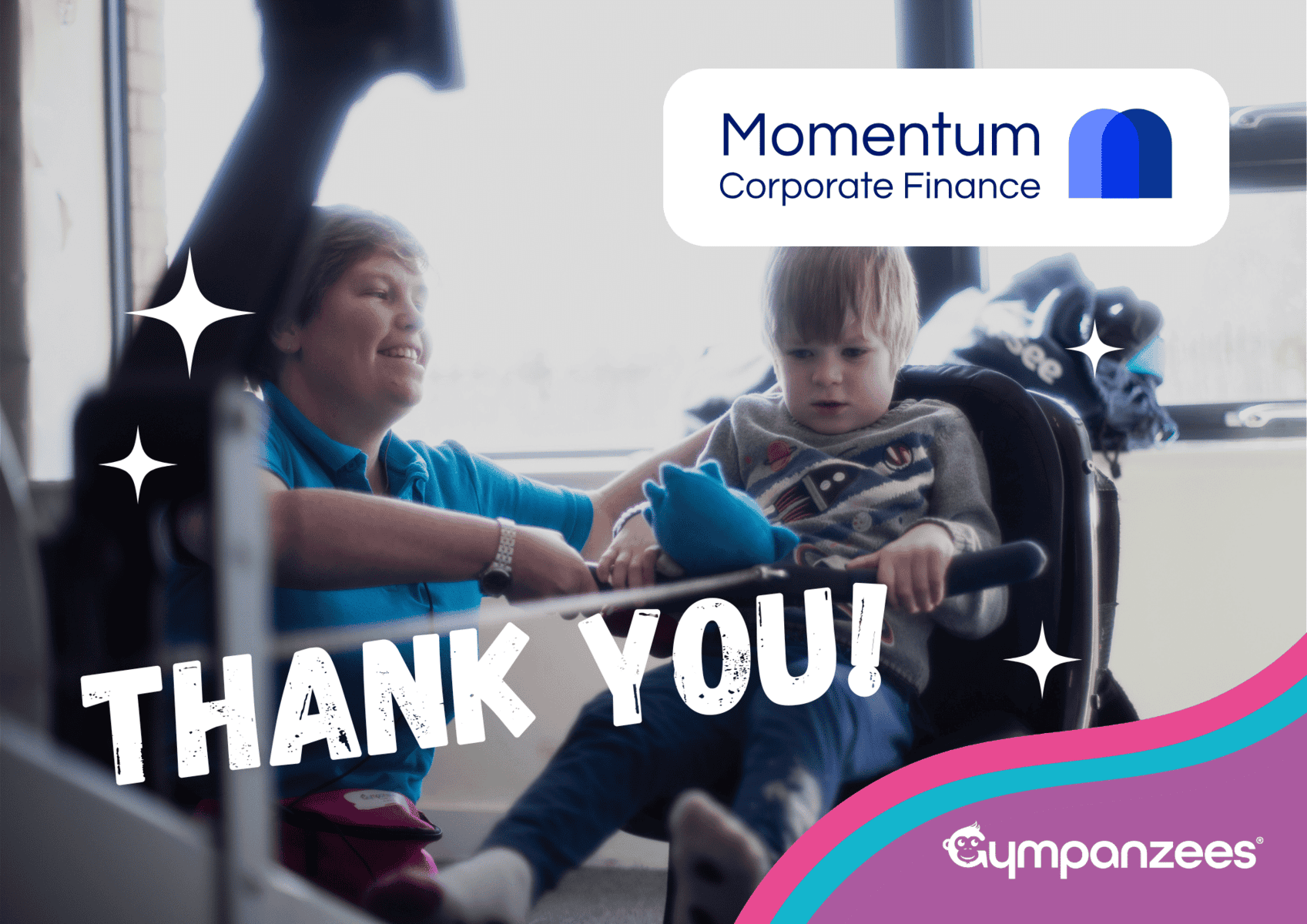 A woman and a young child are seated on public transportation, with the woman smiling at the child. The image includes a logo for "Momentum Corporate Finance" in the top right corner and a "Thank You!" message in the bottom left. The background shows a blurred view of the outside world through the bus window. The image also features a colorful gradient overlay in the bottom right corner with the logo "Gympanzees" and a small monkey icon.