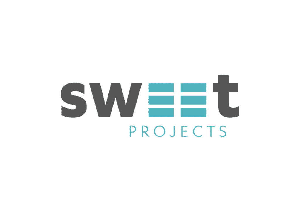 The image is of a logo that reads 'sweet' in lower case, and the 'e' in rectangular shapes, with the word ,'Projects,' underneath.