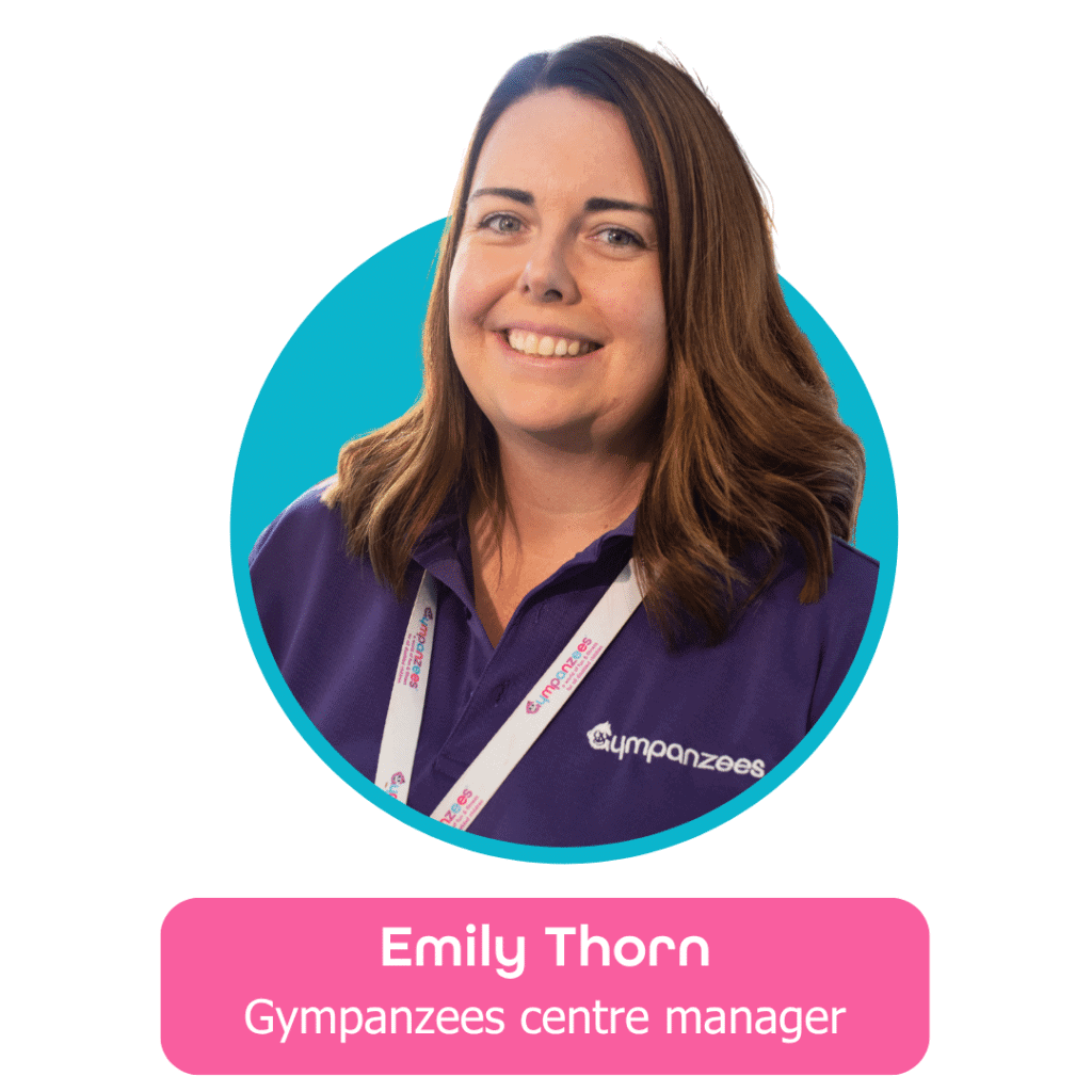 A smiling person wearing a purple Gympanzees polo shirt and branded lanyard looks at the camera. Their portrait is framed in a teal circle on a light background, with text below reading “Emily Thorn, Gympanzees centre manager”.