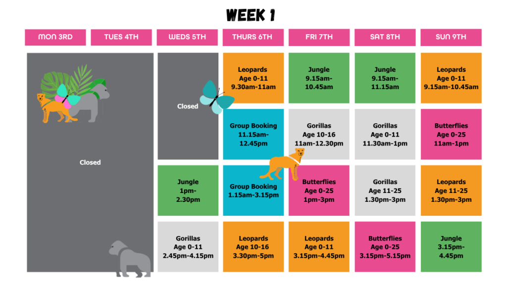 The image is of a colourful timetable, with some jungle animals and insects and various times of sessions, session types and ages for Week 1.
