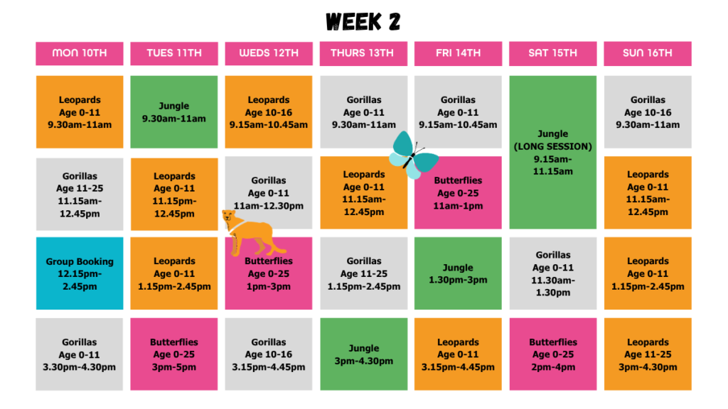The image is of a colourful timetable, with some jungle animals and insects and various times of sessions, session types and ages for Week 2.