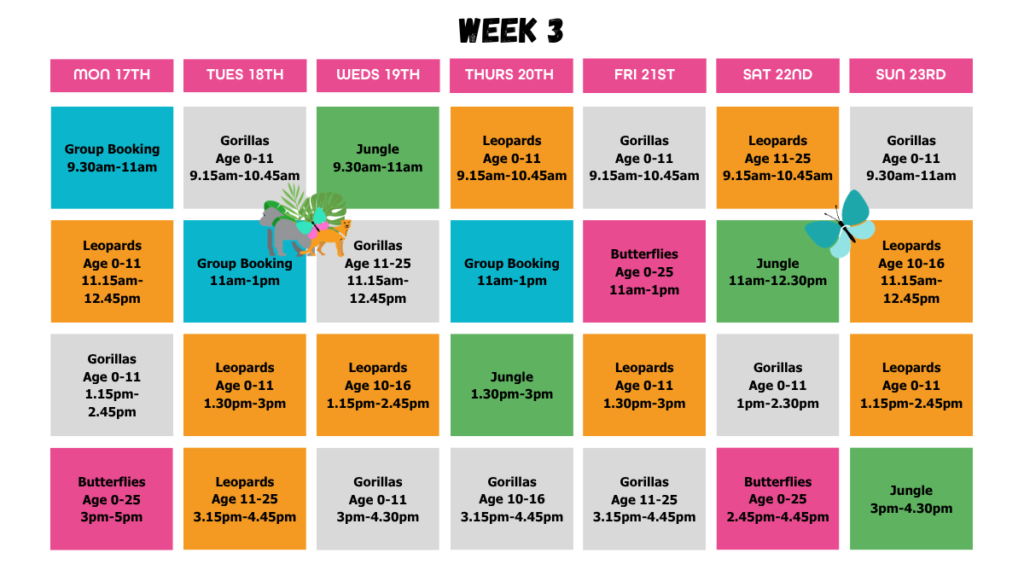 The image is of a colourful timetable, with some jungle animals and insects and various times of sessions, session types and ages for Week 3.