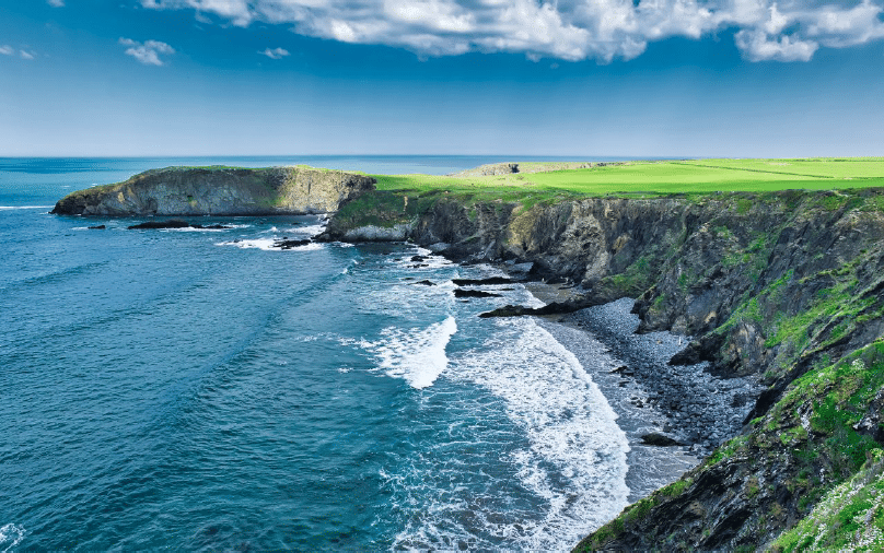 The image is of a scenic coastal cliff scene with bright green grass, off of a coastal edge, with blue skies and deep blue waters.