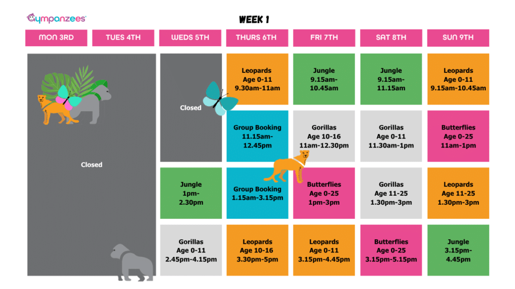 The image is of a colourful timetable, with some jungle animals and insects and various times of sessions, session types and ages for Week 1.