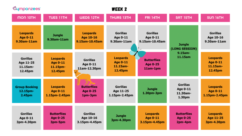 The image is of a colourful timetable, with some jungle animals and insects and various times of sessions, session types and ages for Week 2.