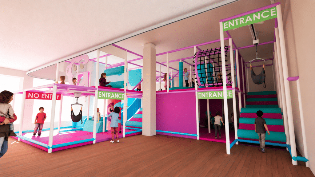 A colourful concept visual of the future Gympanzees Centre, showing an inclusive multi-level play space in purple, pink and turquoise. Children are shown exploring raised platforms and play areas, with ceiling-mounted equipment visible above. The image is for illustration purposes only and does not show the final approved design.