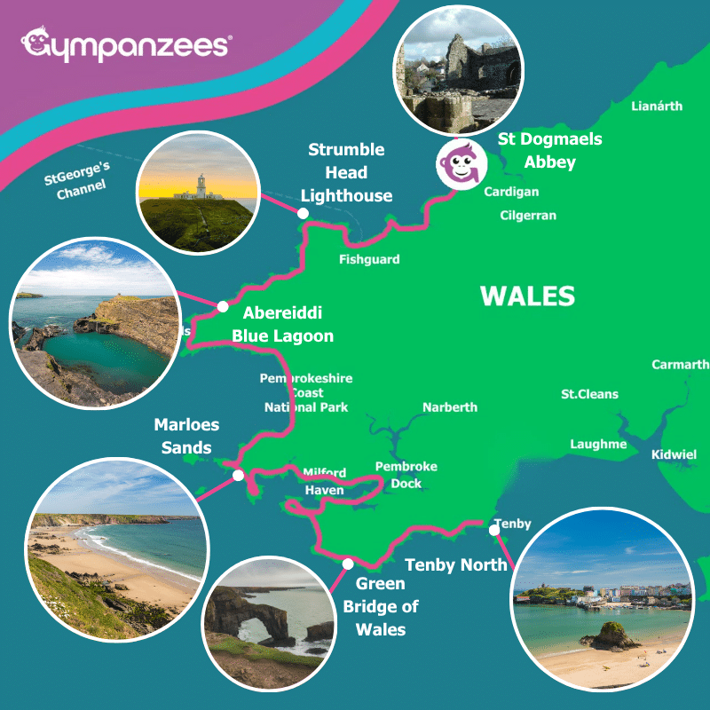 A map of Wales highlighting various locations along a suggested route.