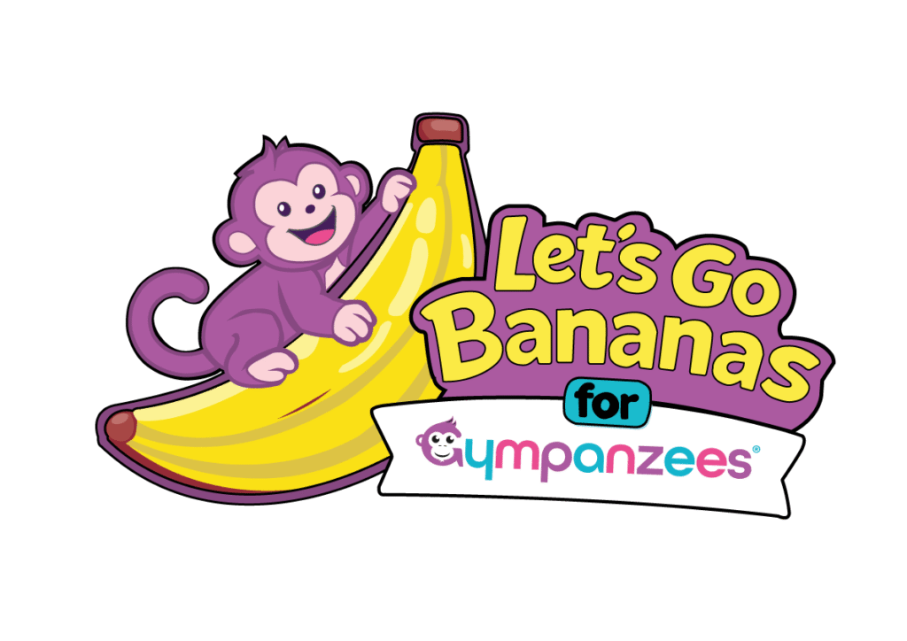 The image is of a logo with a colourful monkey on the left riding a banana next to a colourful phrase saying, 'Lets go Bananas for Gympanzees.'