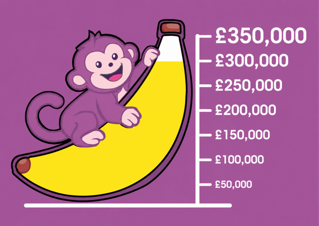 The image is of a graph with a colourful monkey on a partially coloured banana on one side, with different amounts of money on the other starting from £50k all the way up to £350k.