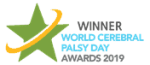 The image shows a 'World Cerebal Palsy Day' logo, with a star to the left with a band around this. The text to the right of this reads, 'Winner, World Cerebral Palsy Day, Awards 2019.'