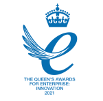 The Queens Award for Enterprise Innovation, with a small shaped crown, the letter 'E' in the middle with a winged accent and the words underneath that read 'The Queen's Awards for Enterprise Innovation 2021.'